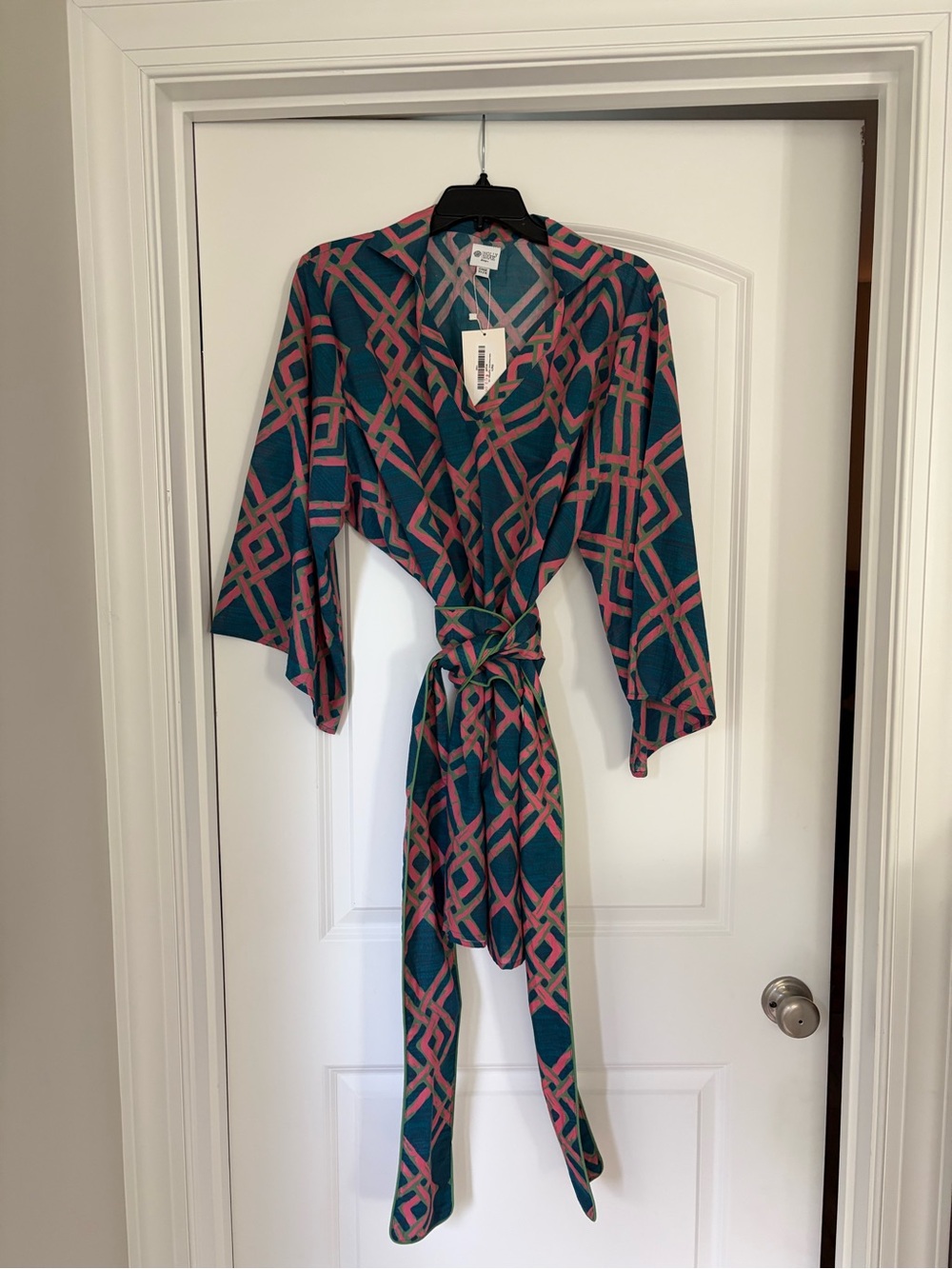 Teal and Pink Geometric Wrap Dress with Tie Belt